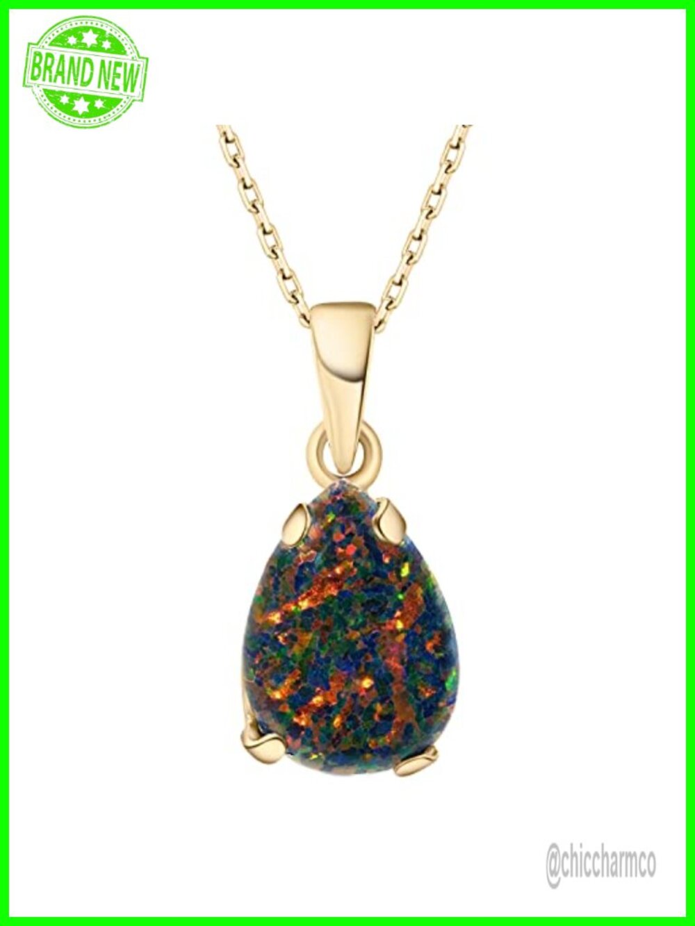 14K Gold Plated Silver Simulated Opal Pendant Necklace 45cm Cable Chain